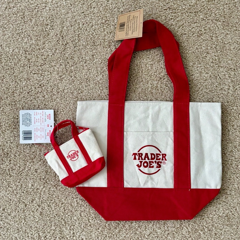 Trader Joe's ONE Mini Tote Bag & ONE Micro Tote [both RED & off white]